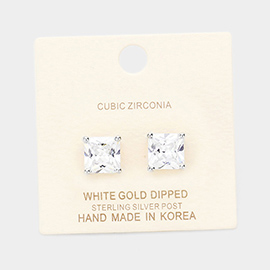 White Gold Dipped 9mm Cubic Zirconia Square Stud Earrings