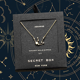 Secret Box _ 14K Gold Dipped CZ Aquarius Zodiac Sign Pendant Necklace