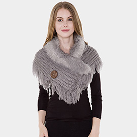 Faux Fur Collar Detail Cable Knit Tassel Shawl Scarf