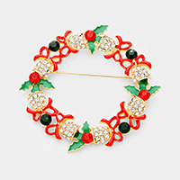 Crystal Embellished Jingle Bell Wreath Pin Brooch / Pendant