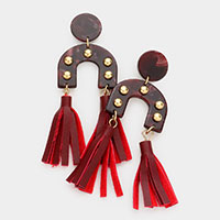 Studded Acetate Double Leather Tassel Dangle Earrings