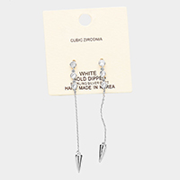 White Gold Dipped Triple Cubic Zirconia Metal Spike Drop Earrings