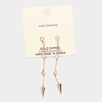 Gold Dipped Triple Cubic Zirconia Metal Spike Drop Earrings