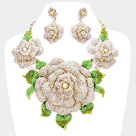 Crystal Pave Rose Flower Accented Evening Necklace