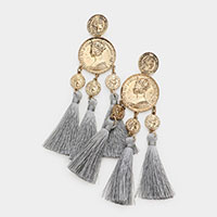 Metal Coin Triple Tassel Dangle Earrings