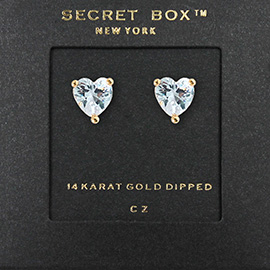 SECRET BOX_14K Gold Dipped CZ Heart Stone Stud Earrings