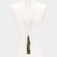 Bead Accented Gold Metallic Leatherette Tassel Necklace