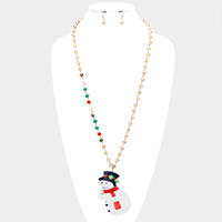 Snowman Printed Bead Pendant Necklace