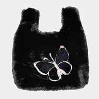 Fluffy Faux Fur Butterfly Slouchy Tote Bag