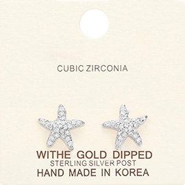 White Gold Dipped CZ Paved Starfish Stud Earrings