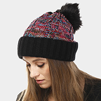 Multi Color Cable Knit Pom Pom Beanie Hat