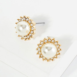 Pearl Centered Crystal Pave Trimmed Stud Earrings