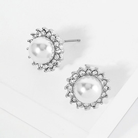 Pearl Centered Crystal Pave Trimmed Stud Earrings