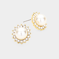 Pearl Centered Crystal Pave Trimmed Stud Earrings