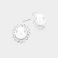 Pearl Centered Crystal Pave Trimmed Stud Earrings