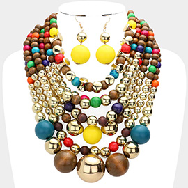 Multi Strand Wood Metal Ball Statement Necklace