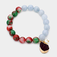 Natural Stone Bead Pearl Charm Stretch Bracelet