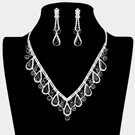 Crystal Rhinestone Bubbly Teardrop Necklace Clip on Earring Set
