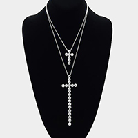 Double Layered Crystal Cross Pendant Necklace