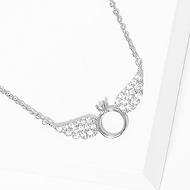 White Gold Dipped CZ Stone Paved Wings Pendant Necklace