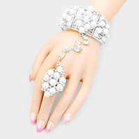 Pearl Crystal Rhinestone Cuff Hand Chain Bracelet
