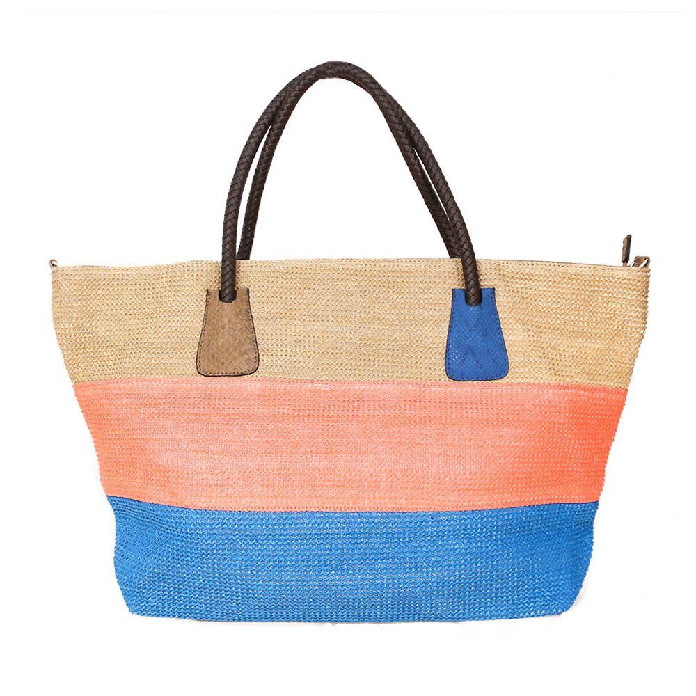 Color Block Straw Tote Bag