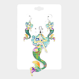 Enamel Floral Pattern Mermaid Pendant Set