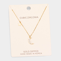 Gold Dipped Cubic Zirconia Moon Star Pendant Necklace