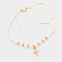 Pearl Cubic Zirconia Pave Cross Adjustable Bracelet