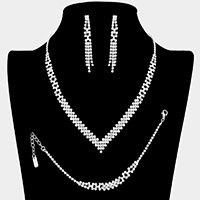 3PCS - Rhinestone Pave Dangle V Shaped Necklace Set