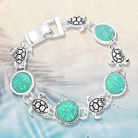 Sea Glass Embossed Turtle Metal Magnetic Link Bracelet