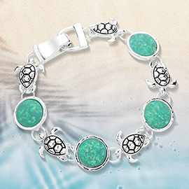 Sea Glass Embossed Turtle Metal Magnetic Link Bracelet