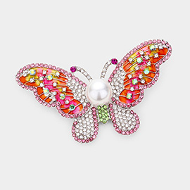 Pearl Rhinestone Pave Butterfly Pin Brooch