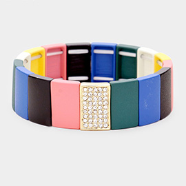 Colorful Wood Rectangle Rhinestone Pave Stretch Bracelet