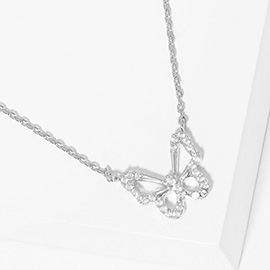 White Gold Dipped CZ Stone Paved Butterfly Pendant Necklace