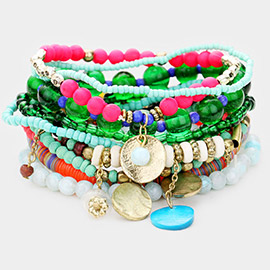 10PCS - Colorful Strand Bead Metal Layered Stretch Bracelet