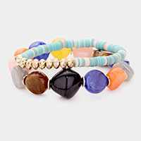 2PCS - Colorful Stone Disc Bead Metal Stretch Bracelets