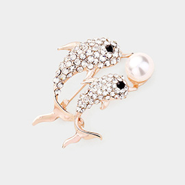 Rhinestone Pave Pearl Dolphin Pin Brooch