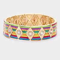 Colorful Stripe Rhombus Rhinestone Metal Stretch Bracelet 