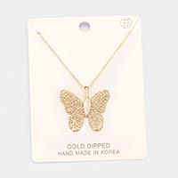 Gold Dipped Textured Butterfly Pendant Necklace