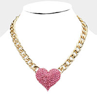 Heart Rhinestone Pave Chunky Metal Chain Necklace