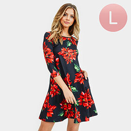 Christmas Poinsettia Flower Patterned A-Line Dress