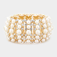 Pearl Crystal Rhinestone Stretch Evening Bracelet