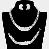 3PCS - Rhinestone Pave Textured Metal Necklace Jewelry Set