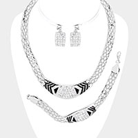 Rhinestone Pave Patterned Textured Metal Necklace Jewelry Set