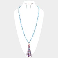 Serape Faux Leather Tassel Faceted Bead Long Necklace