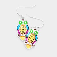 Enamel Antique Silver Owl Earrings