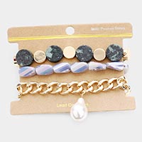 3PCS - Semi Precious Stone Multi Bead Pearl Charm Layered Bracelets 