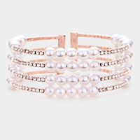 Pearl Crystal Rhinestone Statement Cuff Evening Bracelet 