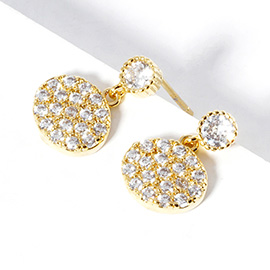 Gold Dipped CZ Stone Paved Round Disc Dangle Earrings